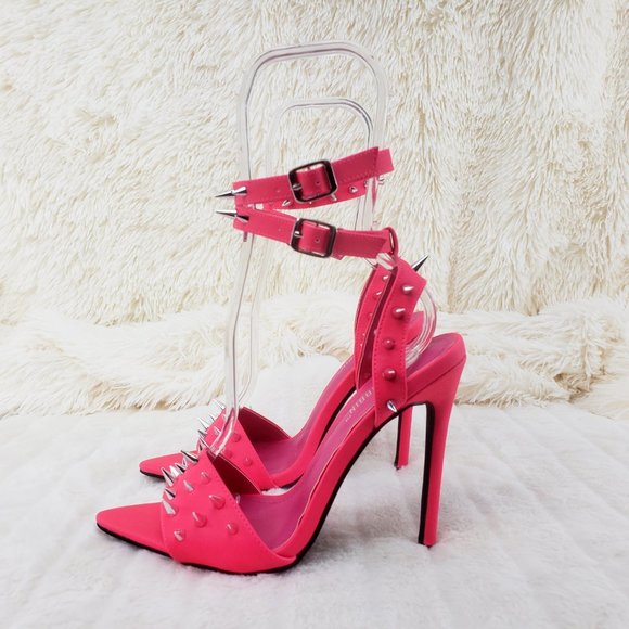 Hot Pink Spike Stud Double Strap High Heel Shoes - Picture 12 of 16